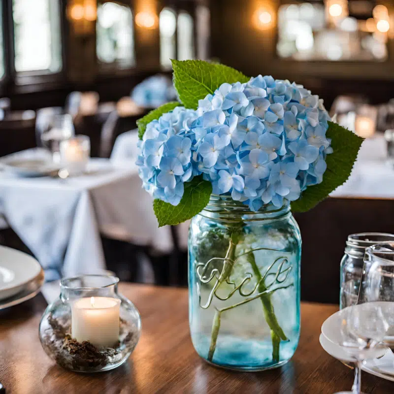 blue-hydrangea-flowers-restaurant-table.